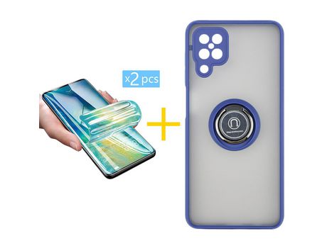 Pack 2 X Protector de Vidrio Templado Hidrogel + Funda ACCETEL para Samsung Galaxy A12 5G Gel Bumper con Anillo Azul