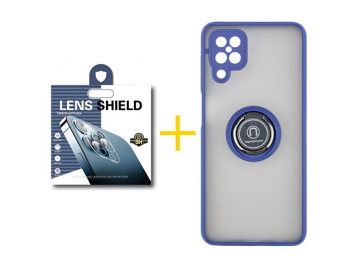 Pack 1 Película de Cámara trasera + Funda SKYHE para Samsung Galaxy A12 5G Gel Bumper con Anillo Azul