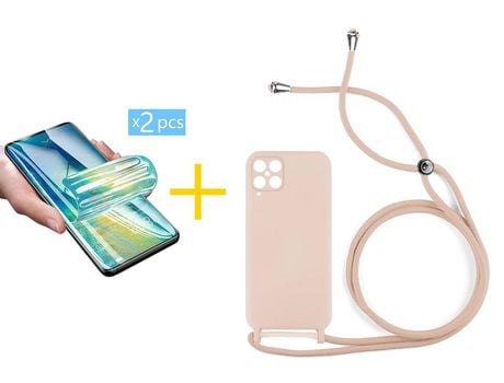 Pack 2 Películas + Funda SKYHE para Samsung Galaxy A12 5G Gel con Cordón Rosa Pastel
