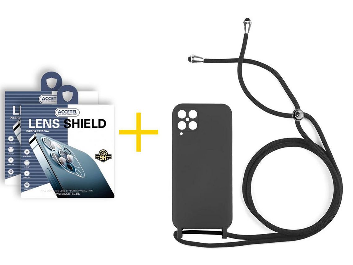 Pack 2 X Protector de Cámara trasera + Funda ACCETEL para Samsung Galaxy A22 4G Gel con Cordón Negro