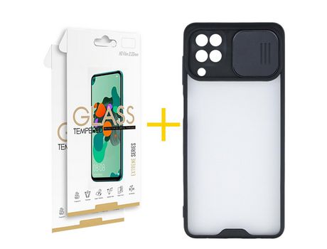 Pack 2 Películas 2.5D + Funda SKYHE para Samsung Galaxy M12 Gel Protteción Cámara Negro