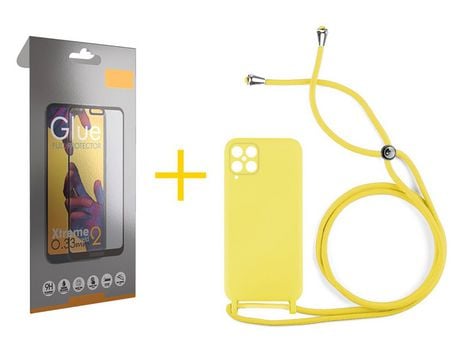 Pack 1 Película Full + Funda SKYHE para Samsung Galaxy M12 Gel con Cordón Amarillo