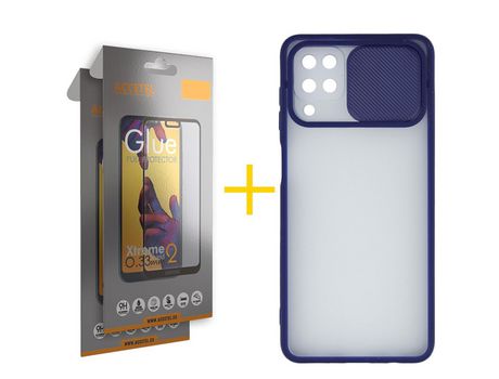 Pack 2 X Protector de Vidrio Templado Full + Funda ACCETEL para Samsung Galaxy M12 Gel Protección Cámara Azul Oscuro