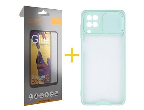 Pack 1 X Protector de Vidrio Templado Full + Funda ACCETEL para Samsung Galaxy A12 4G Gel Protección Cámara Verde-Mar