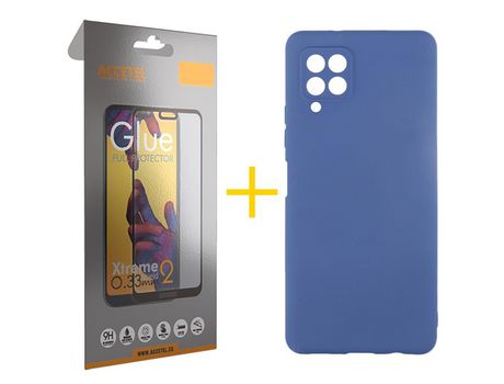 Pack 1 X Protector de Vidrio Templado Full + Funda ACCETEL para Samsung Galaxy A22 4G Silicona Líquida Azul