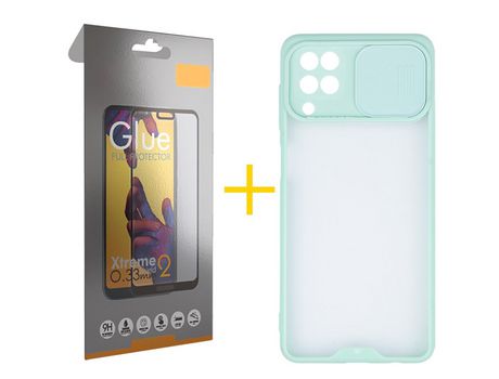 Pack 1 Película Full + Funda SKYHE para Samsung Galaxy M22 Gel Protteción Cámara Verde-Mar
