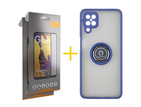 Pack 2 Películas Full + Funda SKYHE para Samsung Galaxy M22 Gel Bumper con Anillo Azul