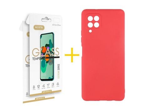 Pack 2 X Protector de Vidrio Templado 2.5D + Funda ACCETEL para Samsung Galaxy A22 4G Silicona Líquida Rojo