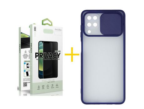 Pack 1 Película Antiespia + Funda SKYHE para Samsung Galaxy M12 Gel Protteción Cámara Azul Oscuro
