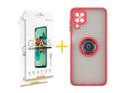 Pack 2 Películas 2.5D + Funda SKYHE para Samsung Galaxy A12 4G Gel Bumper con Anillo Rojo