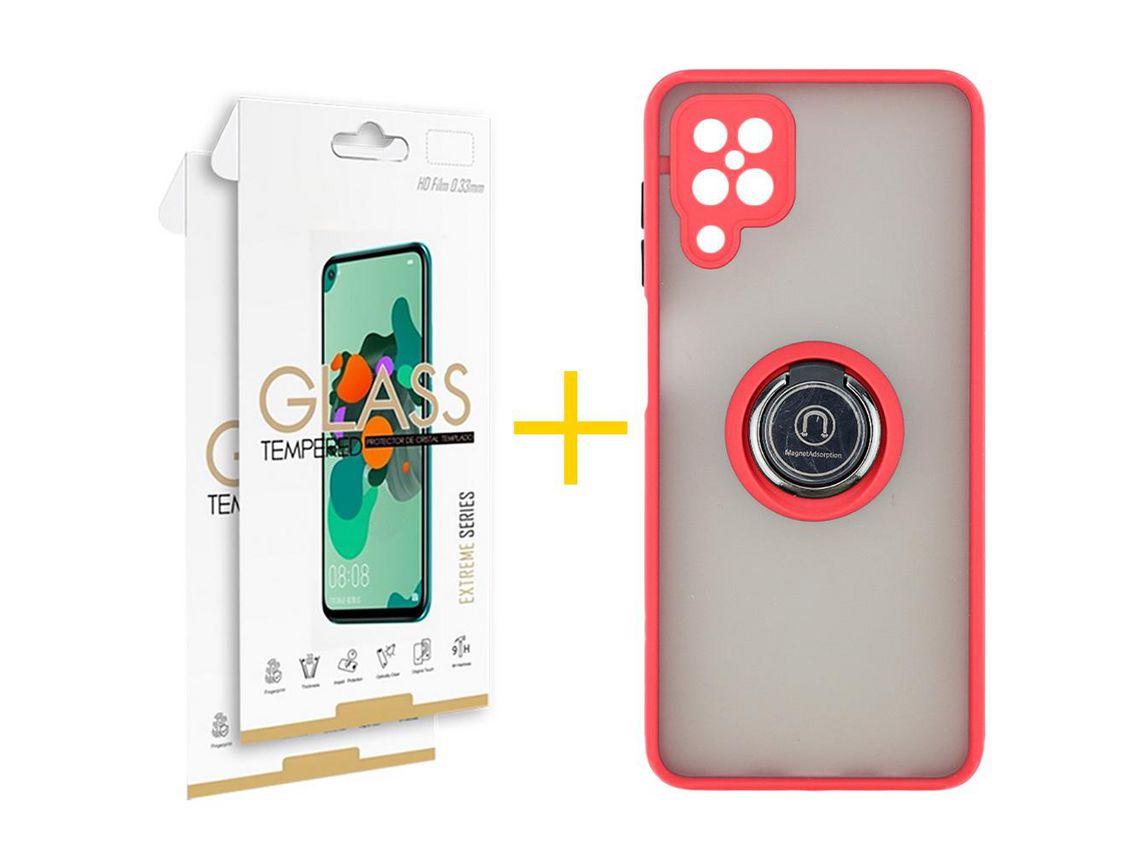 Pack 2 Películas 2.5D + Funda SKYHE para Samsung Galaxy A12 4G Gel Bumper con Anillo Rojo