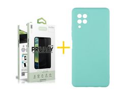 Pack 1 X Protector de Vidrio Templado Anti espía + Funda ACCETEL para Samsung Galaxy A22 4G Silicona Líquida Verde-Agua