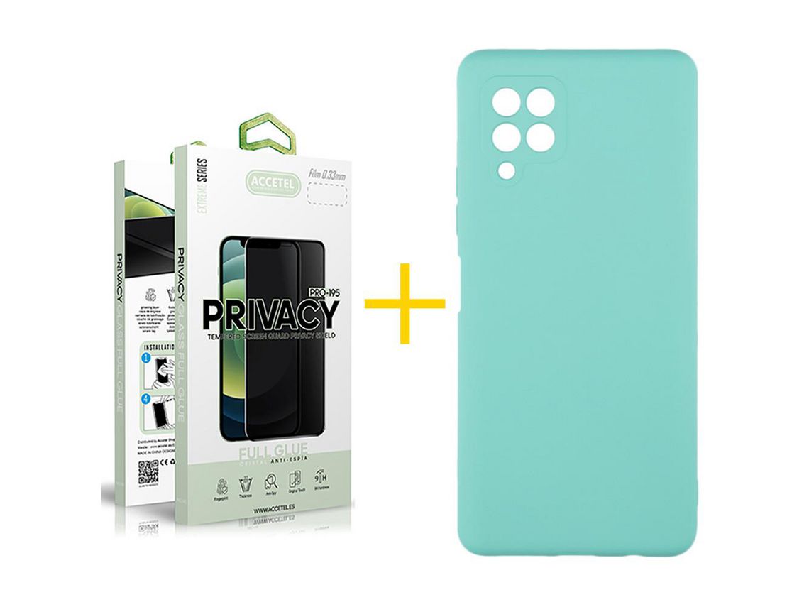 Pack 1 X Protector de Vidrio Templado Anti espía + Funda ACCETEL para Samsung Galaxy A22 4G Silicona Líquida Verde-Agua
