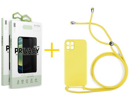Pack 2 Películas Antiespia + Funda SKYHE para Samsung Galaxy M12 Gel con Cordón Amarillo