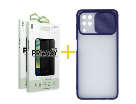 Pack 2 X Protector de Vidrio Templado Anti espía + Funda ACCETEL para Samsung Galaxy M12 Gel Protección Cámara Azul Oscuro