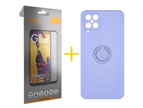 Pack 1 X Protector de Vidrio Templado Full + Funda ACCETEL para Samsung Galaxy M22 Gel O-Ring Morado