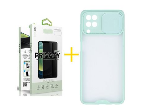 Pack 1 Película Antiespia + Funda SKYHE para Samsung Galaxy M22 Gel Protteción Cámara Verde-Mar