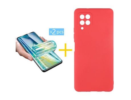 Pack 2 X Protector de Vidrio Templado Hidrogel + Funda ACCETEL para Samsung Galaxy A42 5G Silicona Líquida Rojo