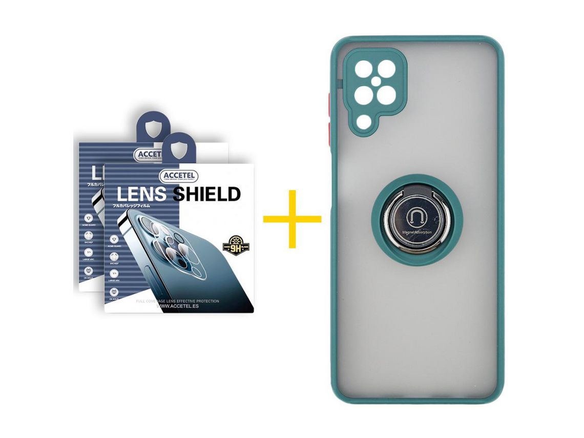 Pack 2 X Protector de Cámara trasera + Funda ACCETEL para Samsung Galaxy M12 Gel Bumper con Anillo Verde