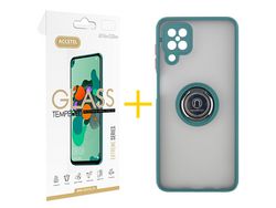 Pack 1 X Protector de Vidrio Templado 2.5D + Funda ACCETEL para Samsung Galaxy M12 Gel Bumper con Anillo Verde