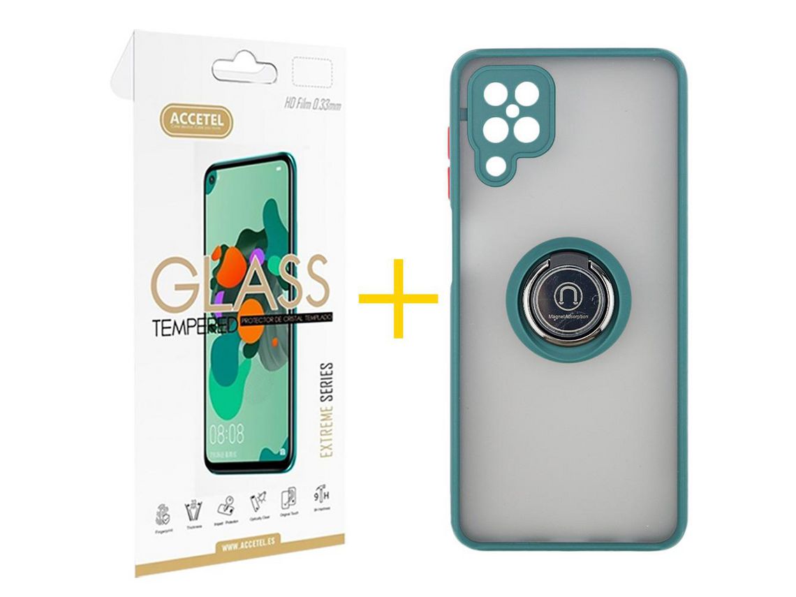 Pack 1 X Protector de Vidrio Templado 2.5D + Funda ACCETEL para Samsung Galaxy M12 Gel Bumper con Anillo Verde