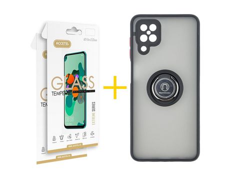 Pack 2 X Protector de Vidrio Templado 2.5D + Funda ACCETEL para Samsung Galaxy A12 4G Gel Bumper con Anillo Negro