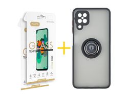 Pack 2 X Protector de Vidrio Templado 2.5D + Funda ACCETEL para Samsung Galaxy A22 4G Gel Bumper con Anillo Negro