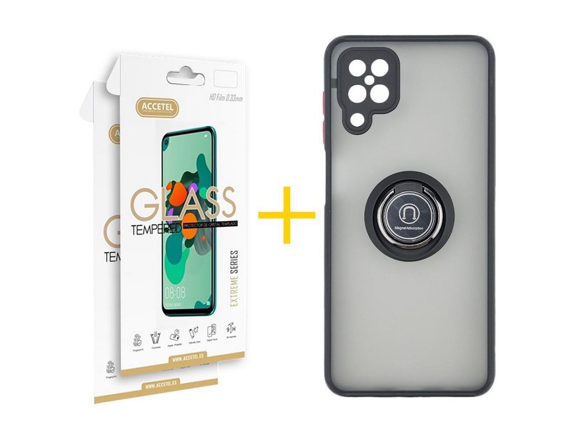 Pack 2 X Protector de Vidrio Templado 2.5D + Funda ACCETEL para Samsung Galaxy A22 4G Gel Bumper con Anillo Negro