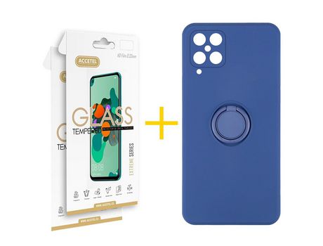 Pack 2 X Protector de Vidrio Templado 2.5D + Funda ACCETEL para Samsung Galaxy A42 5G Gel O-Ring Azul