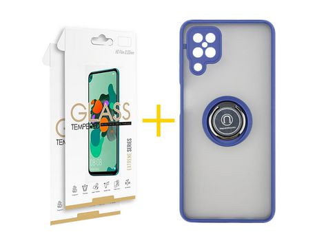 Pack 2 Películas 2.5D + Funda SKYHE para Samsung Galaxy M22 Gel Bumper con Anillo Azul
