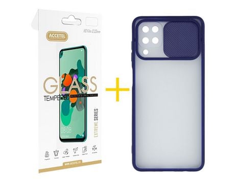 Pack 1 X Protector de Vidrio Templado 2.5D + Funda ACCETEL para Samsung Galaxy A12 4G Gel Protección Cámara Azul Oscuro