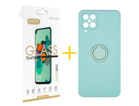 Pack 1 X Protector de Vidrio Templado 2.5D + Funda ACCETEL para Samsung Galaxy A12 4G Gel O-Ring Verde-Agua