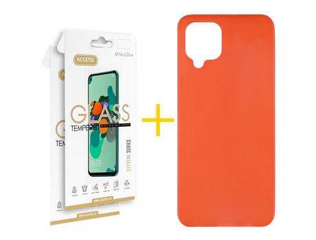 Pack 2 X Protector de Vidrio Templado 2.5D + Funda ACCETEL para Samsung Galaxy M22 Silicona Liso Rojo