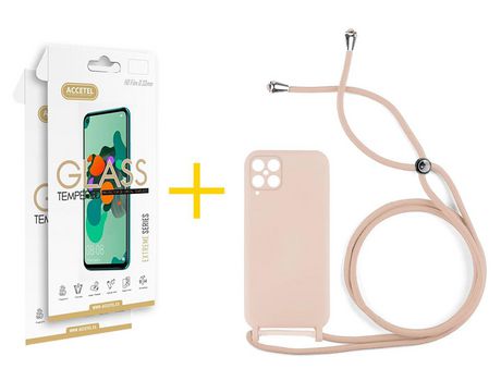 Pack 2 X Protector de Vidrio Templado 2.5D + Funda ACCETEL para Samsung Galaxy A12 4G Gel con Cordón Rosa Pastel