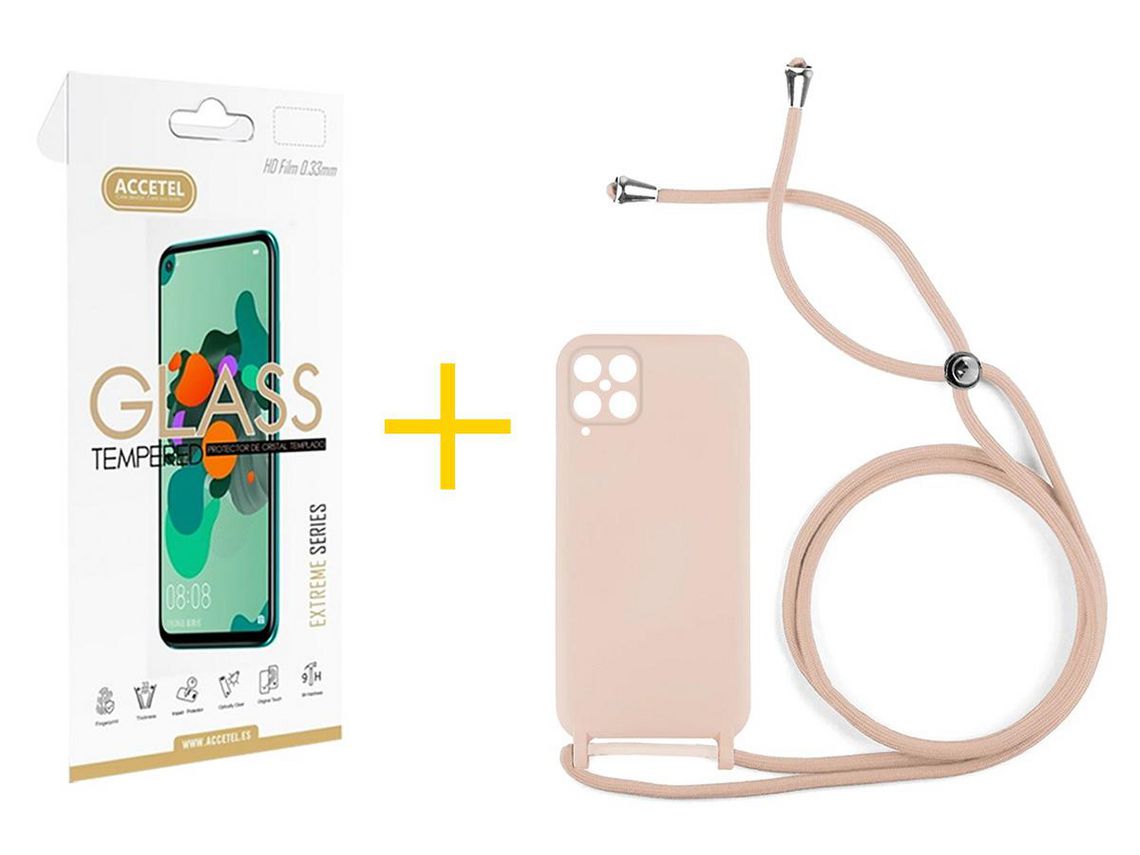 Pack 1 X Protector de Vidrio Templado 2.5D + Funda ACCETEL para Samsung Galaxy M12 Gel con Cordón Rosa Pastel