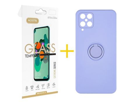 Pack 1 X Protector de Vidrio Templado 2.5D + Funda ACCETEL para Samsung Galaxy M22 Gel O-Ring Morado