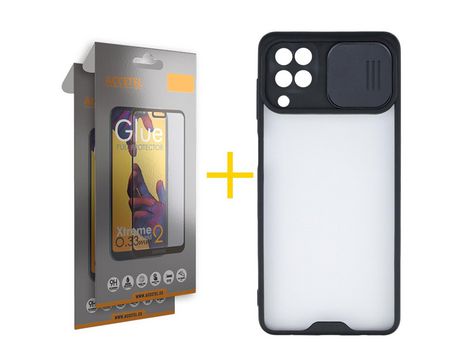 Pack 2 X Protector de Vidrio Templado Full + Funda ACCETEL para Samsung Galaxy A12 4G Gel Protección Cámara Negro