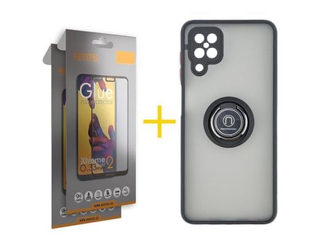 Pack 2 X Protector de Vidrio Templado Full + Funda ACCETEL para Samsung Galaxy A12 5G Gel Bumper con Anillo Negro
