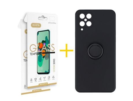 Pack 2 X Protector de Vidrio Templado 2.5D + Funda ACCETEL para Samsung Galaxy M22 Gel O-Ring Negro