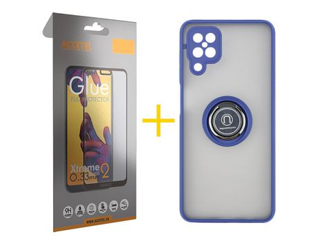 Pack 1 X Protector de Vidrio Templado Full + Funda ACCETEL para Samsung Galaxy A12 4G Gel Bumper con Anillo Azul