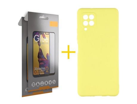 Pack 2 Películas Full + Funda SKYHE para Samsung Galaxy A12 5G Silicona Líquida Amarillo