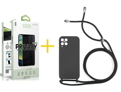 Pack 1 X Protector de Vidrio Templado Anti espía + Funda ACCETEL para Samsung Galaxy A12 4G Gel con Cordón Negro