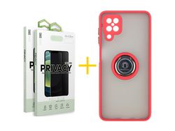 Pack 2 Películas Antiespia + Funda SKYHE para Samsung Galaxy A22 4G Gel Bumper con Anillo Rojo