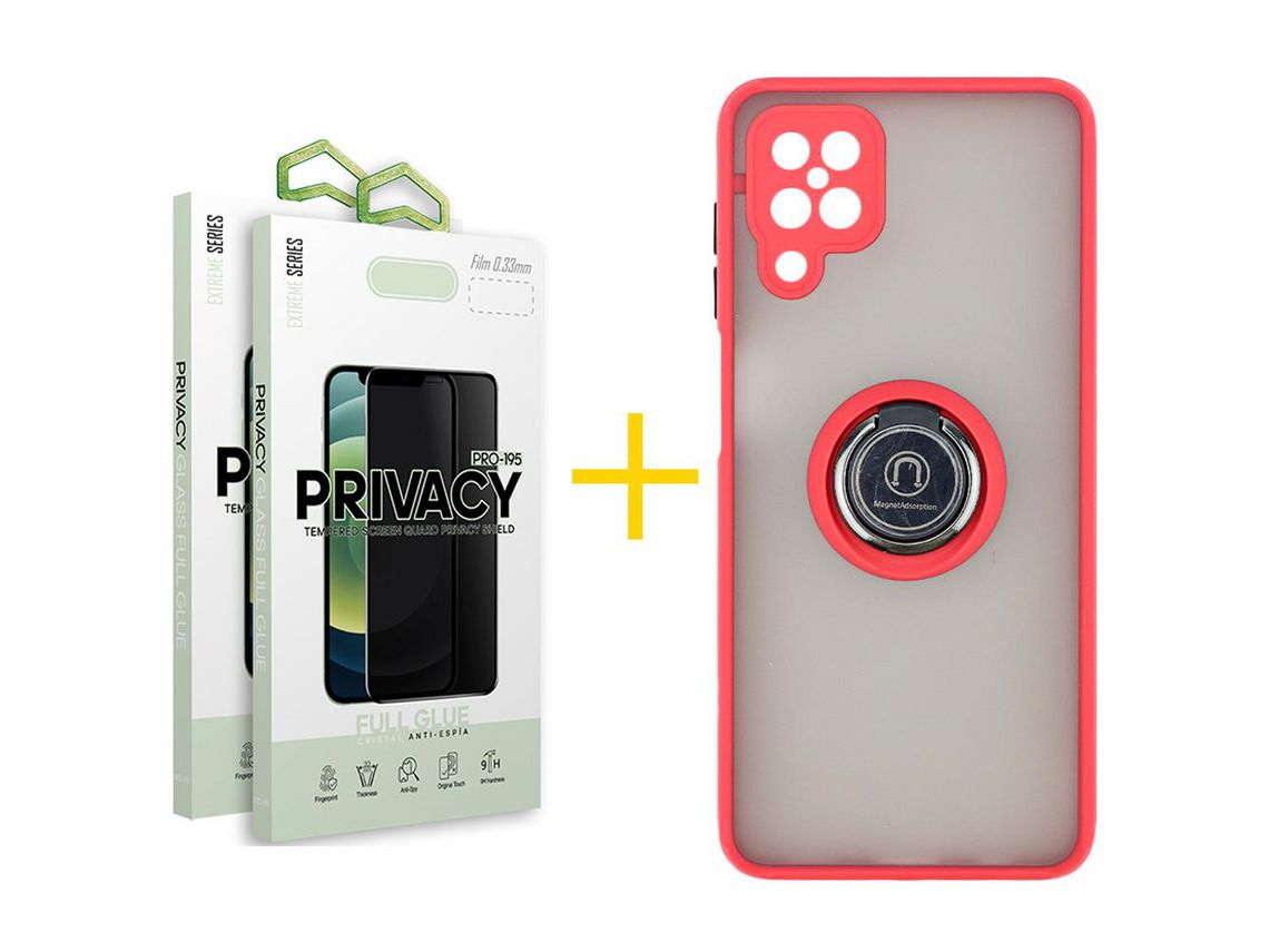 Pack 2 Películas Antiespia + Funda SKYHE para Samsung Galaxy A22 4G Gel Bumper con Anillo Rojo