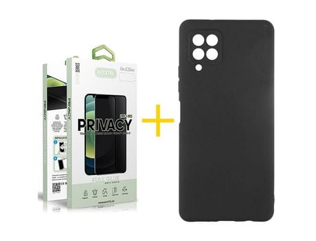 Pack 1 X Protector de Vidrio Templado Anti espía + Funda ACCETEL para Samsung Galaxy A12 4G Silicona Líquida Negro