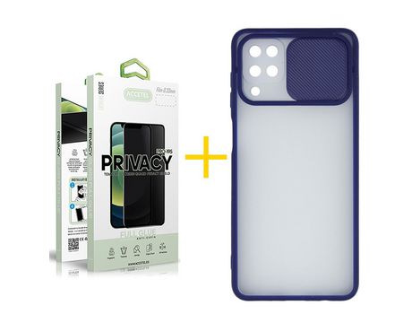 Pack 1 X Protector de Vidrio Templado Anti espía + Funda ACCETEL para Samsung Galaxy M12 Gel Protección Cámara Azul Oscuro