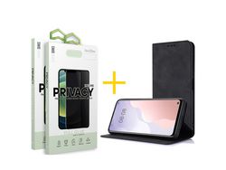 Pack 2 X Película de Vidrio Templado Antiespia + Funda GANDY por Apple iPhone 15 Pro Flip Cover PRM Negro