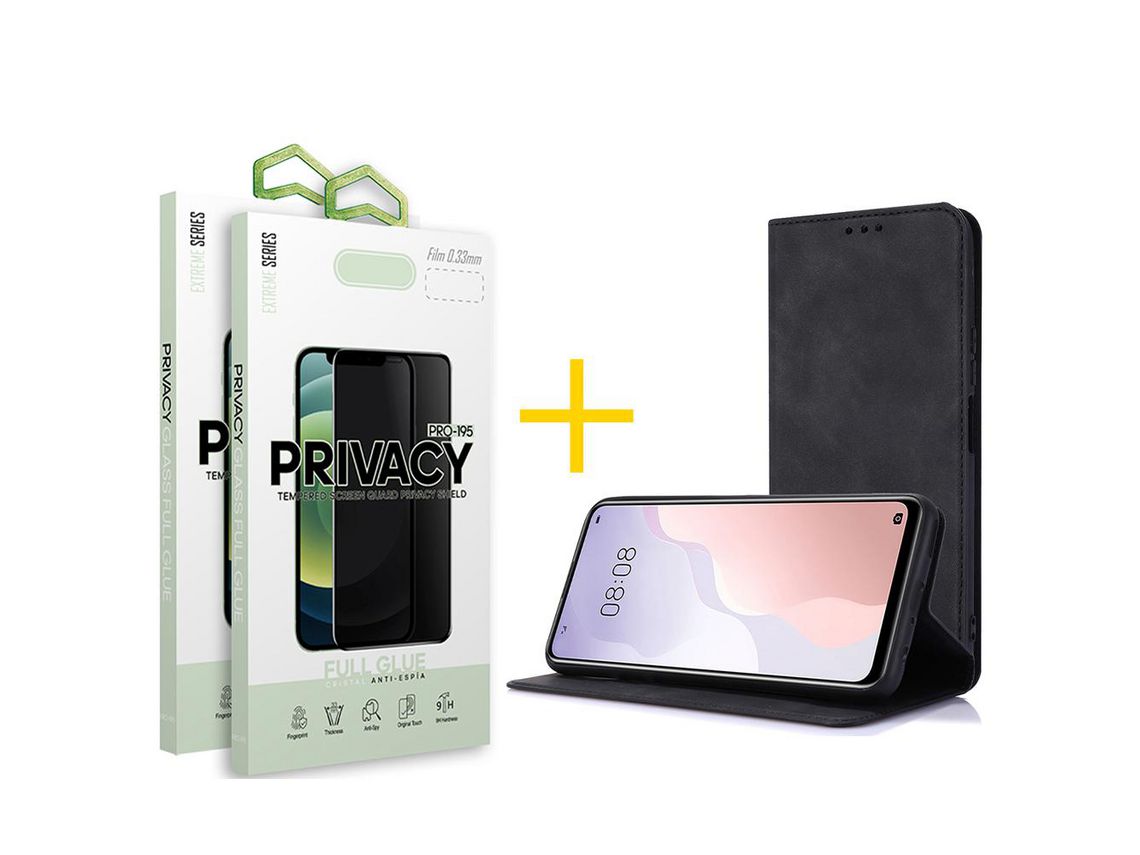 Pack 2 X Película de Vidrio Templado Antiespia + Funda GANDY por Apple iPhone 15 Pro Flip Cover PRM Negro