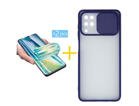 Pack 2 X Protector de Vidrio Templado Hidrogel + Funda ACCETEL para Samsung Galaxy A12 4G Gel Protección Cámara Azul Oscuro