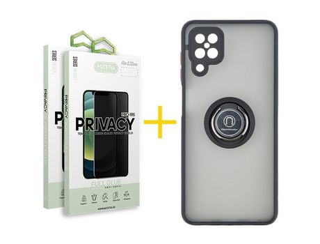 Pack 2 X Protector de Vidrio Templado Anti espía + Funda ACCETEL para Samsung Galaxy A12 5G Gel Bumper con Anillo Negro